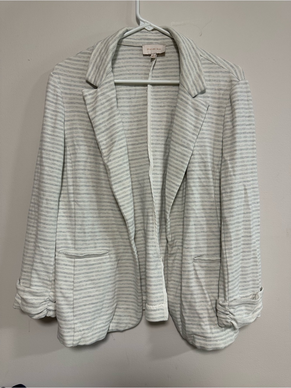 Skies Are Blue Light Gray and White Striped Open-Front Blazer